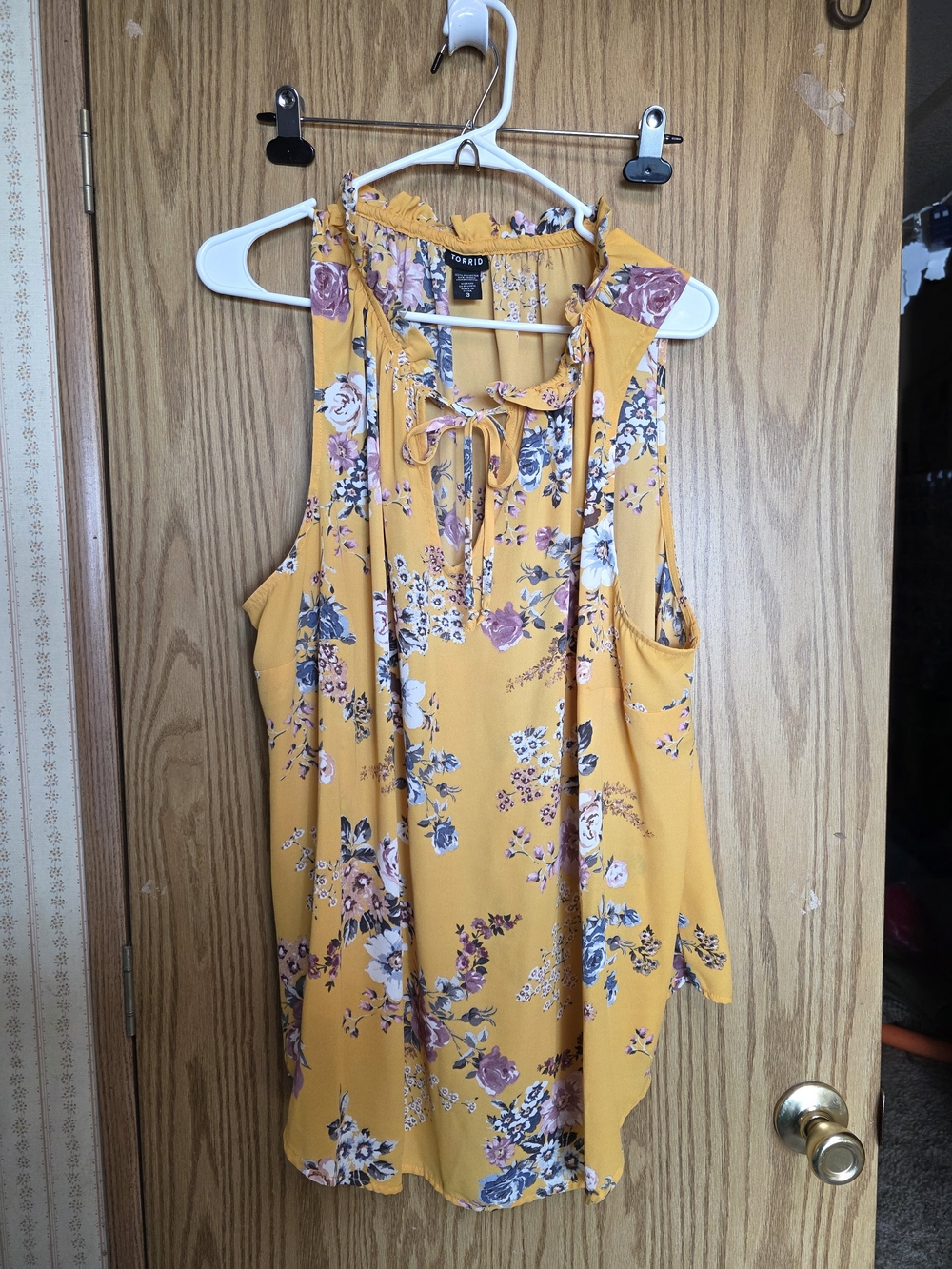 torrid Mustard Floral Ruffle Tie-Neck Sleeveless Top